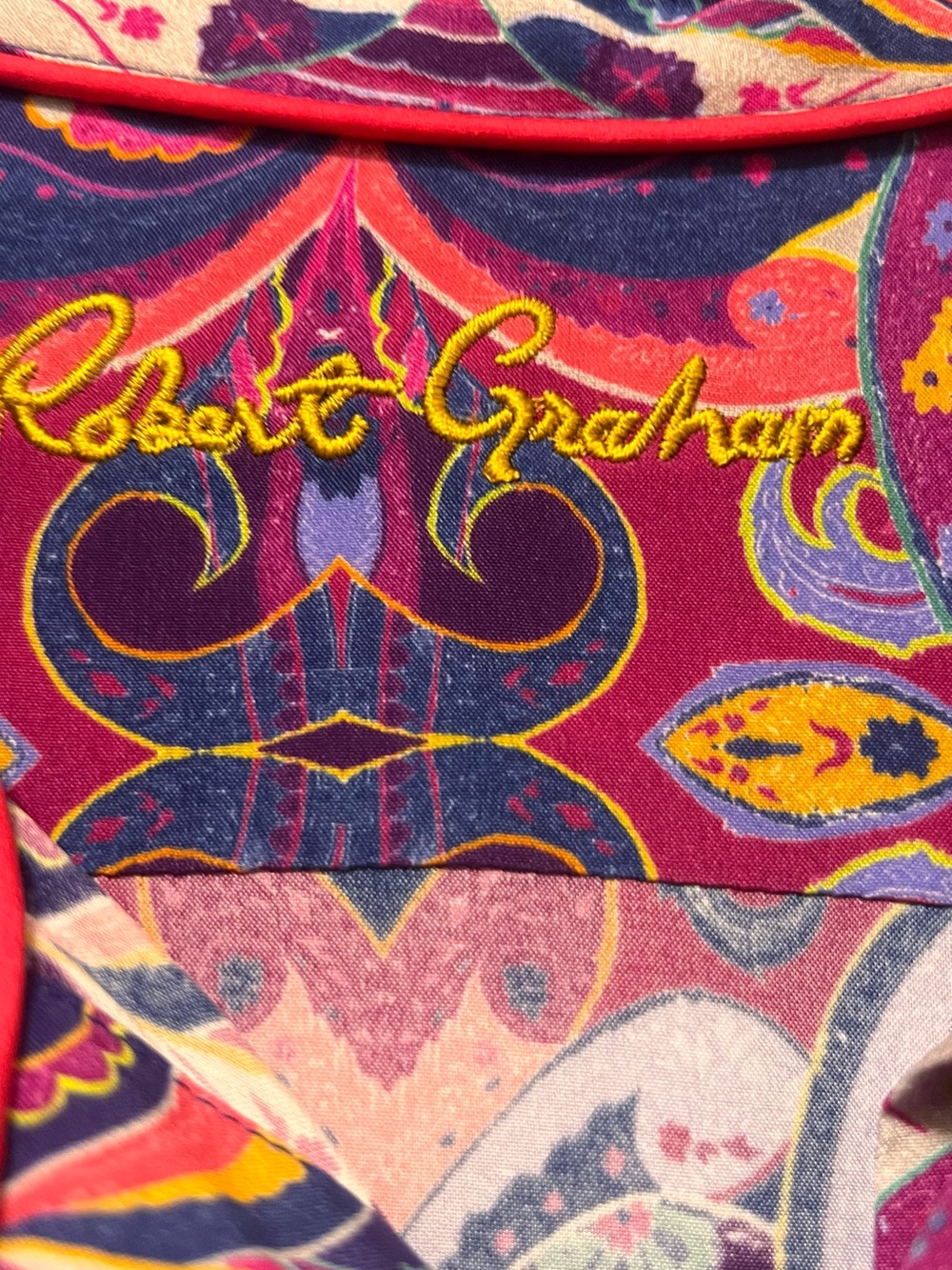 Robert Graham Purple Paisley Button-Up Blouse with Red and Orange Accents - Picture 2 of 5